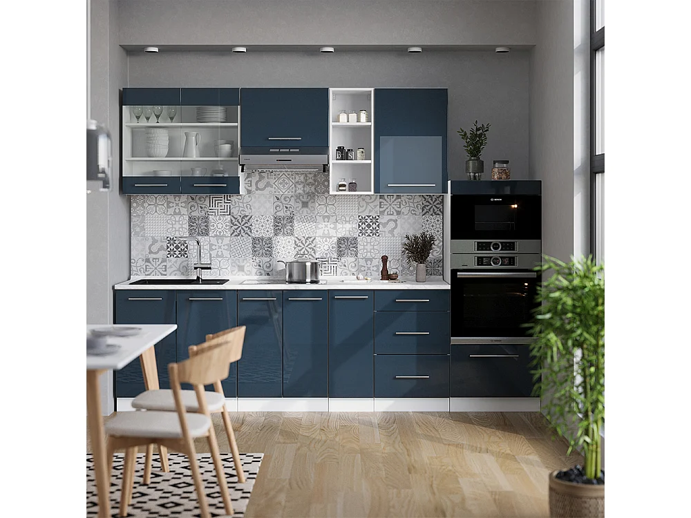 Muebles de cocina  azul oscuro alto brillo/blanco 280x46x81.6 fame-line