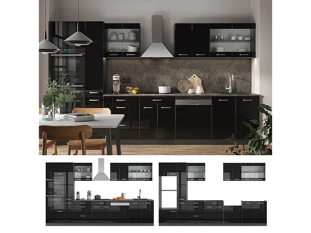 Küchenzeile schwarz hochglanz/anthrazit 350x60x81.6 r-line