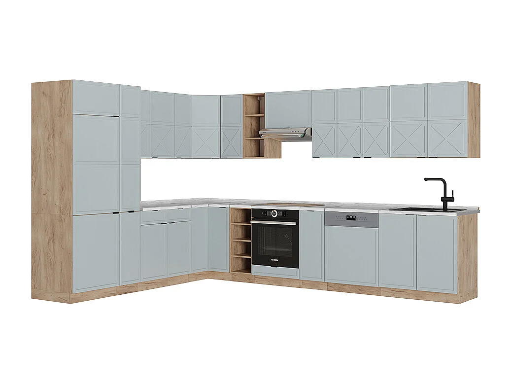 Cuisine en angle bleu clair-gris/chêne force dor 347x46x81.6 fame-line