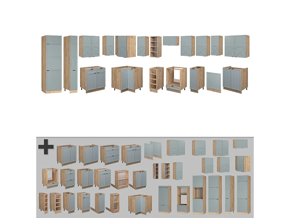 Cuisine en angle bleu clair-gris/chêne force dor 347x46x81.6 fame-line