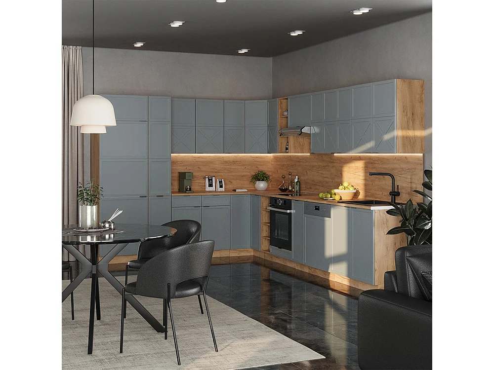 Cocina esquinera azul claro-gris/roble dorado 347x46x81.6 fame-line