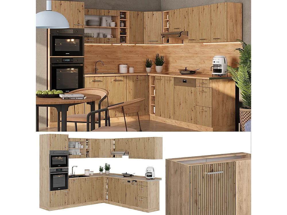 Cocina esquinera roble artesanal/roble dorado 247x60x81.6 r-line
