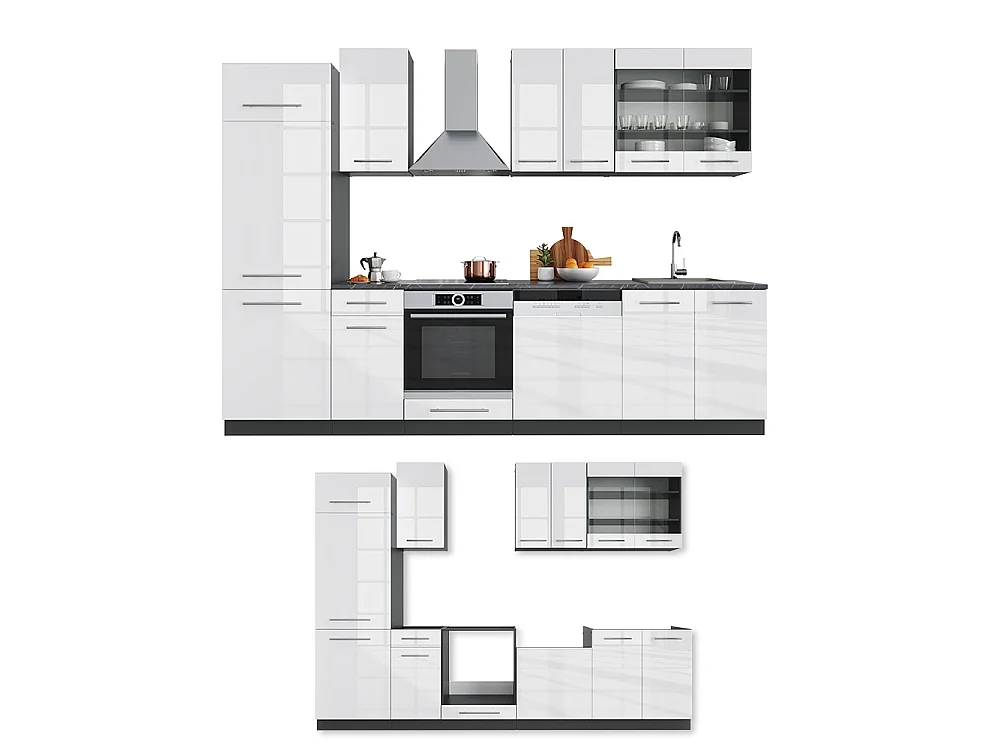 Cuisine blanc brillant/anthracite 300x46x81.6 fame-line