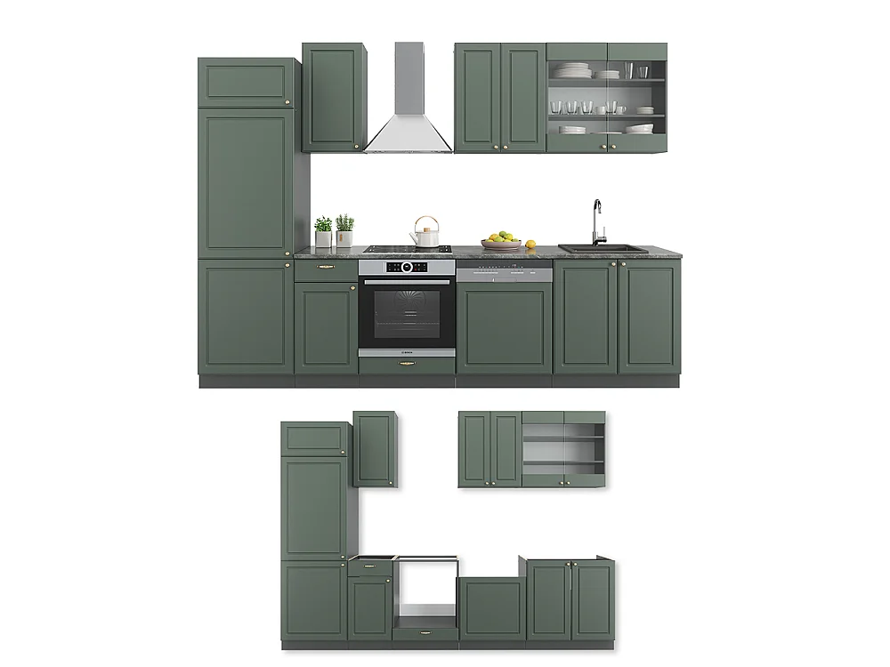 Complete keukeneenheid groen-goud landhuis/antraciet 300x60x81.6 fame-line