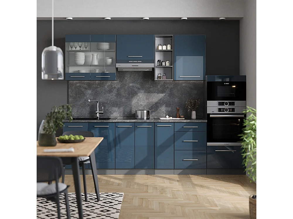 Mueble de cocina azul oscuro alto brillo/antracita 280x60x81.6 fame-line
