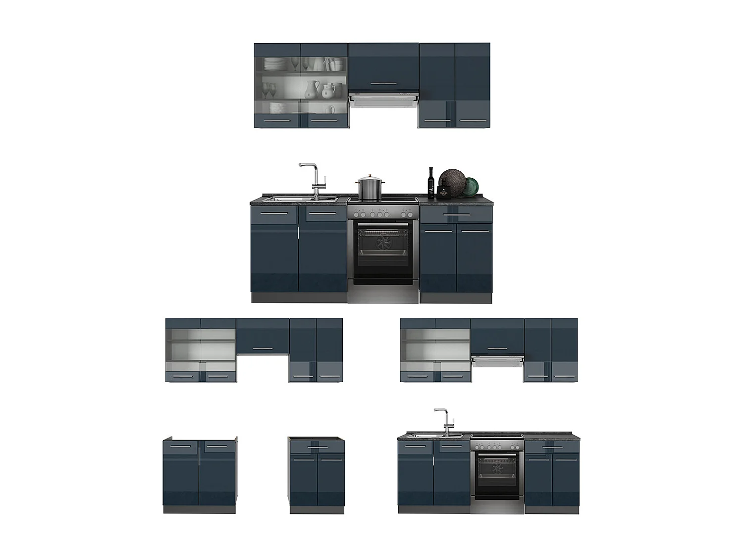 Armoires de cuisine  bleu foncé brillant/anthracite 200x60x81.6 fame-line