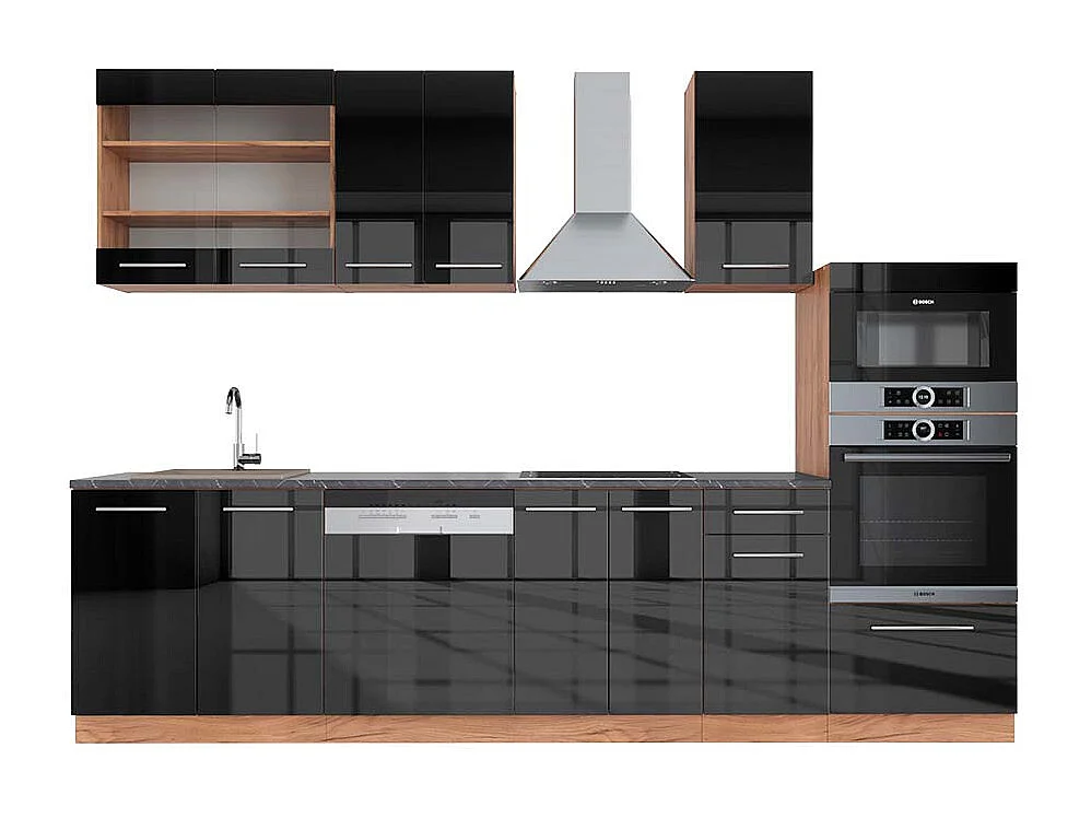 Cuisine anthracite brillant/chêne doré 300x60x81.6 fame-line