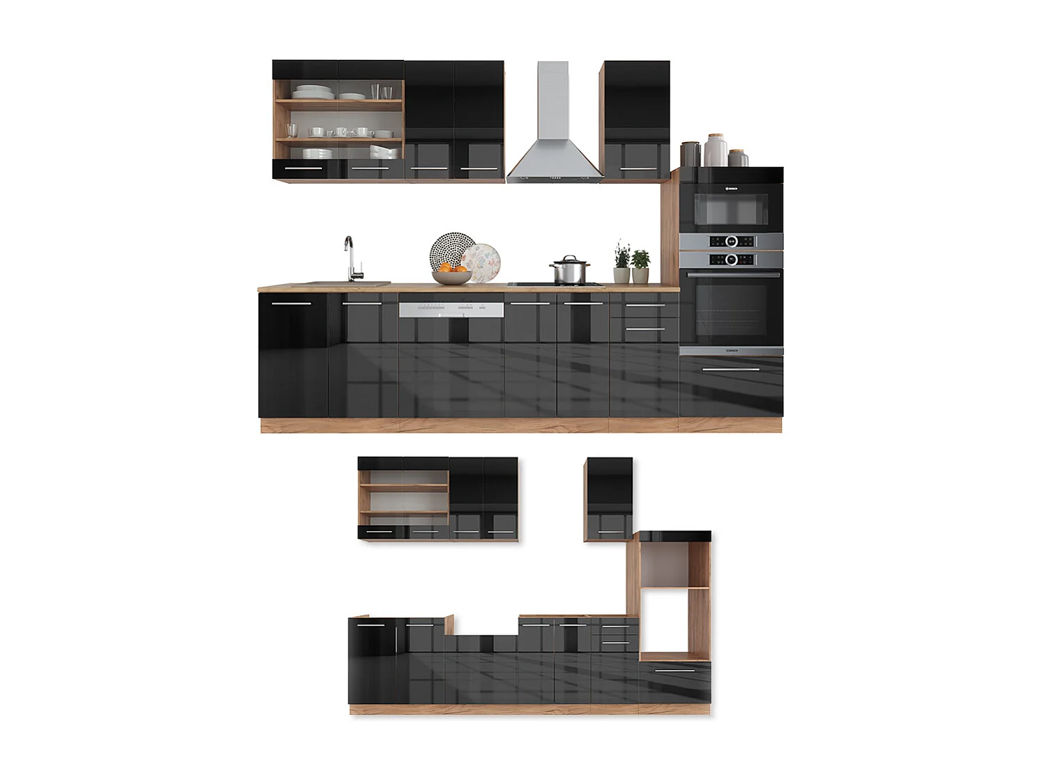 Cucina componibile antracite lucido/oro power oak 300x60x81.6 fame-line