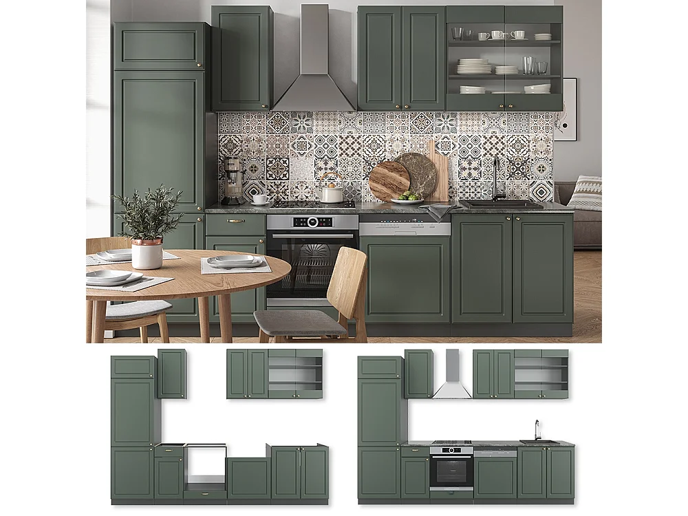 Mueble de cocina verde-dorado casa de campo/antracita 300x60x81.6 fame-line