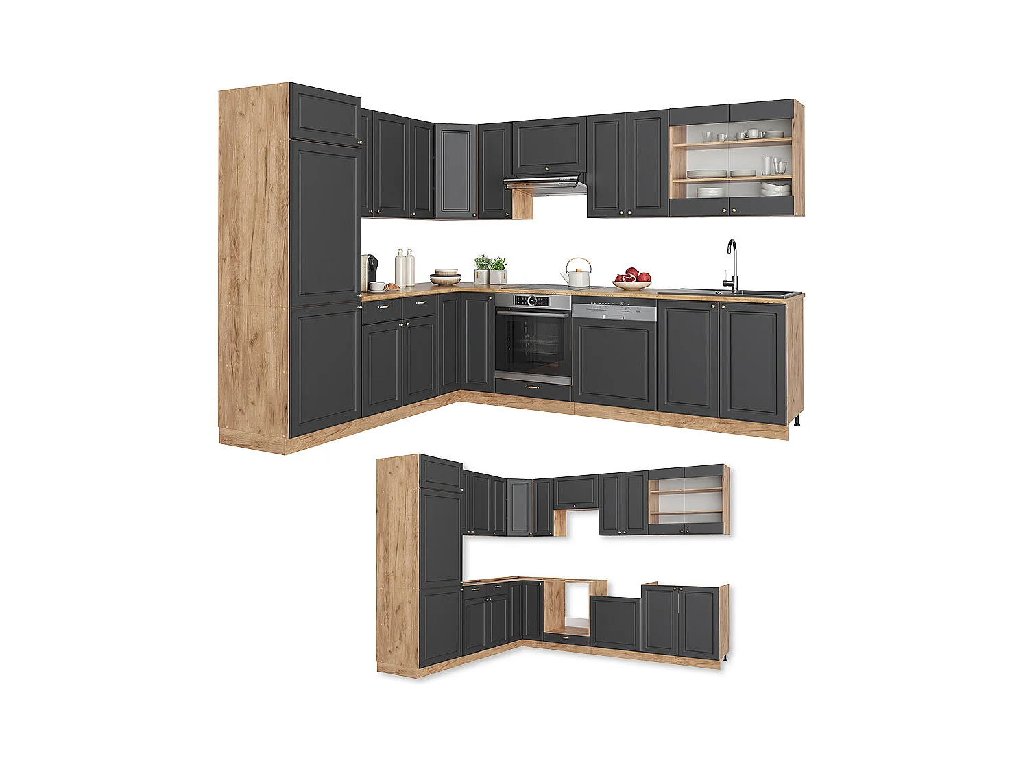 Cuisine en angle anthracite campagne/chêne doré 287x46x81.6 fame-line