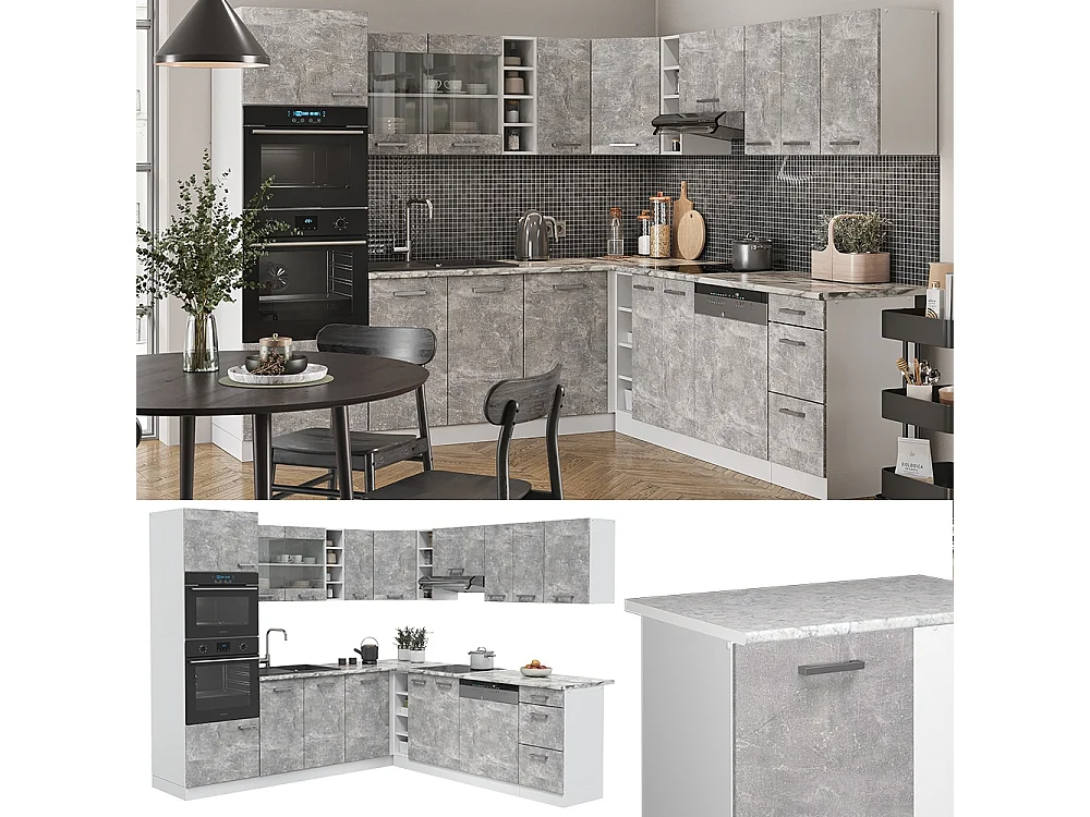 Hörnkök betong/vit 247x60x81.6 r-line