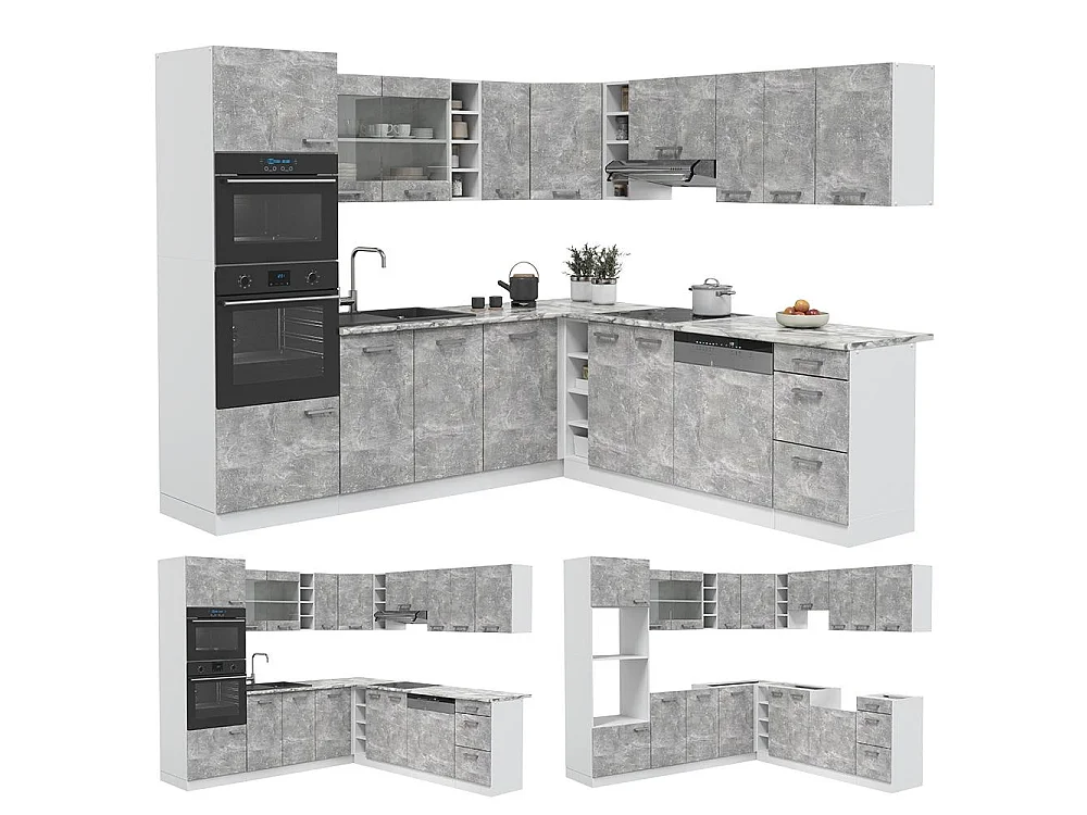 Cuisine en angle béton/blanc 247x60x81.6 r-line