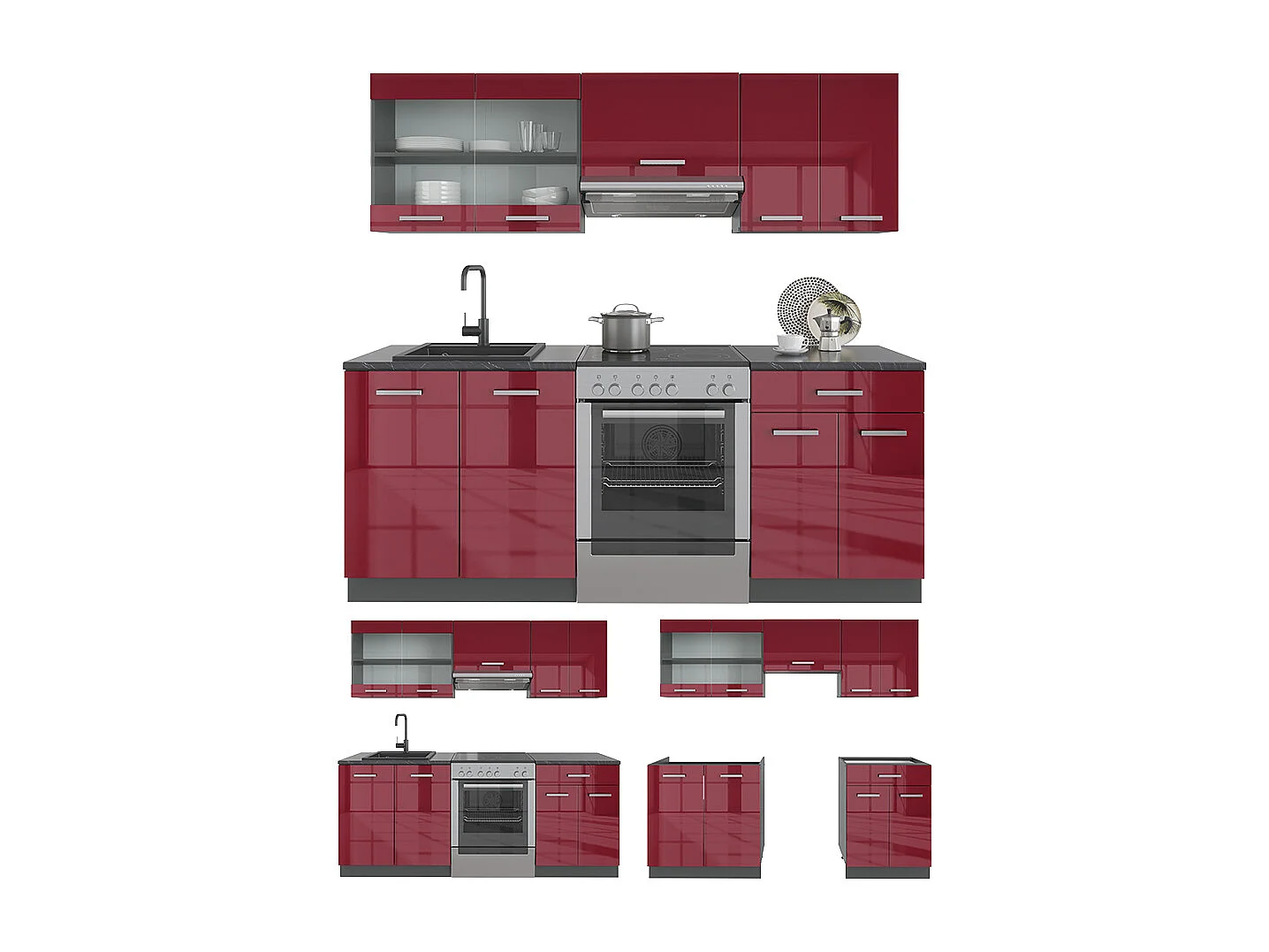 Complete keukeneenheid rood hoogglans/antraciet 200x60x81.6 r-line