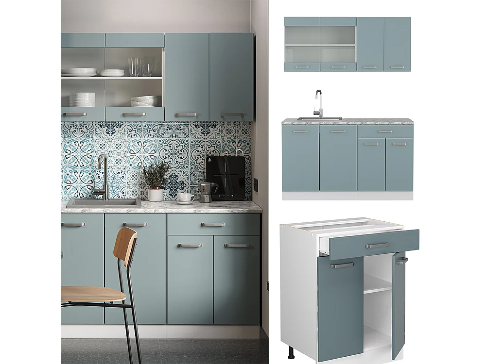 Cuisine bleu-gris 140x60x81.6 r-line