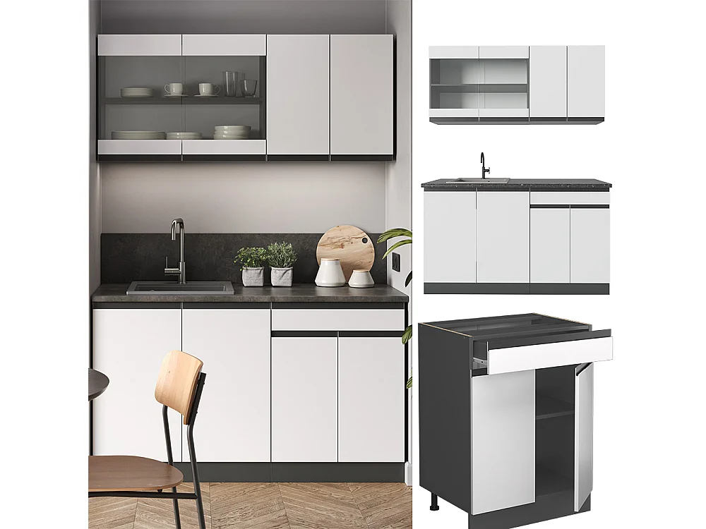 Singleküche weiß/anthrazit 140x60x81.6 r-line