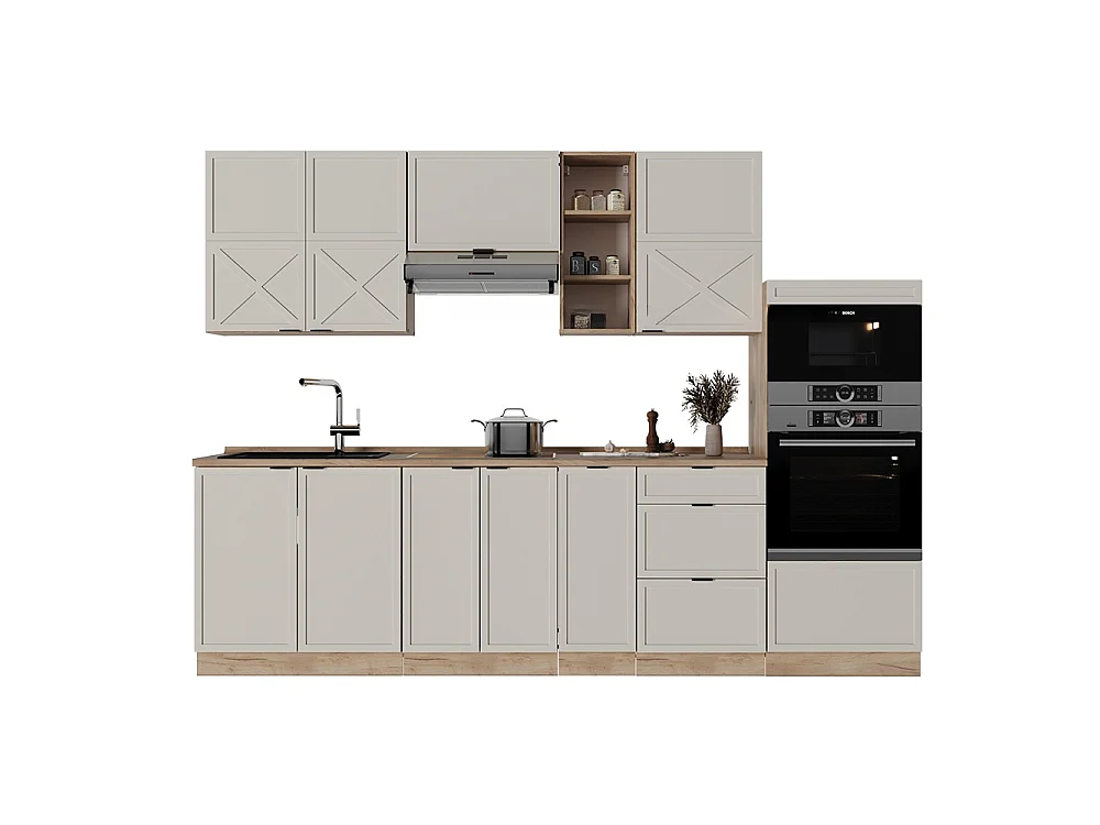Mueble de cocina gris/beige/roble dorado 280x46x81.6 fame-line