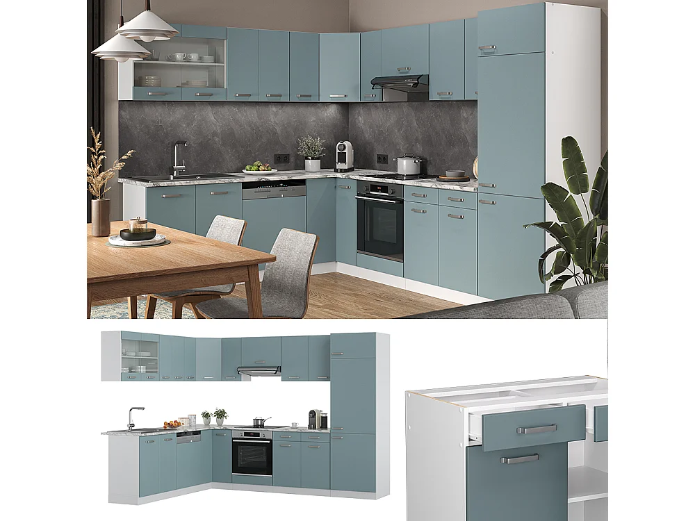 Eckküche blau-grau/weiß 287x60x81.6 r-line