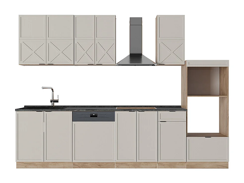 Køkkenrække grå/beige/gylden eg 300x60x81.6 fame-line