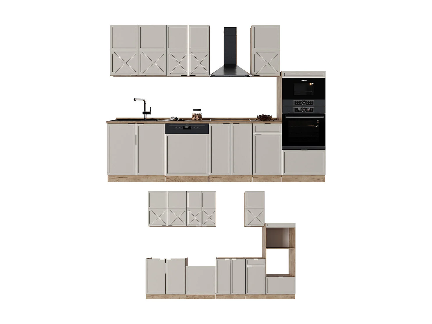 Køkkenrække grå/beige/gylden eg 300x60x81.6 fame-line