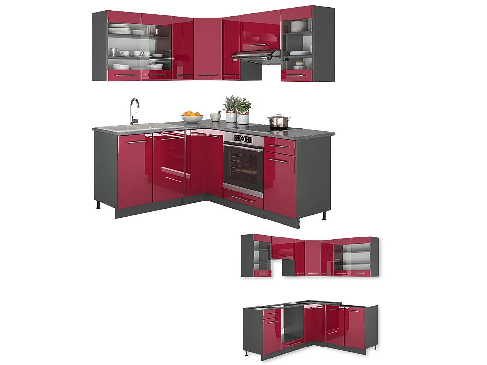 Cuisine en angle bordeaux haute brillance/anthracite 190x60x81.6 fame-line