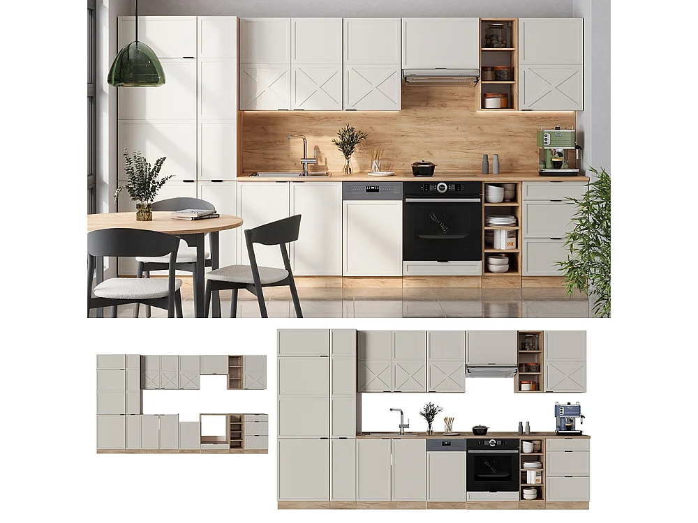 Mueble de cocina gris/beige/roble dorado 355x46x81.6 fame-line