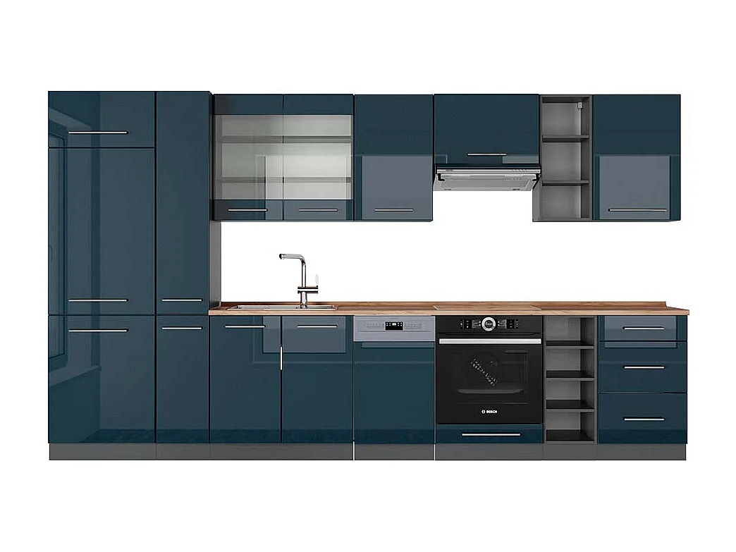Mueble de cocina azul oscuro alto brillo/antracita 355x60x81.6 fame-line