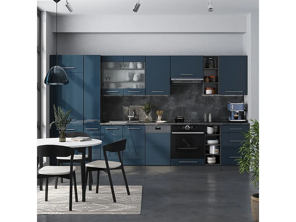 Mueble de cocina azul oscuro alto brillo/antracita 355x60x81.6 fame-line