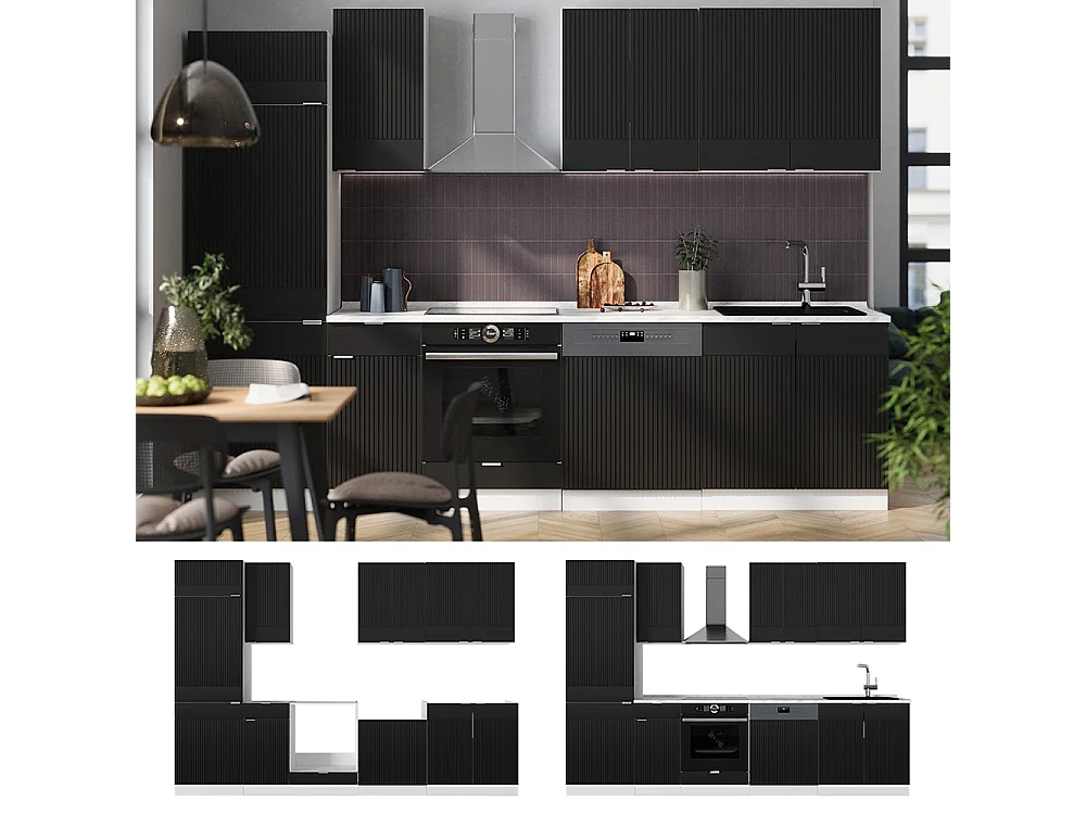 Mueble de cocina negro a rayas/blanco 300x46x81.6 fame-line