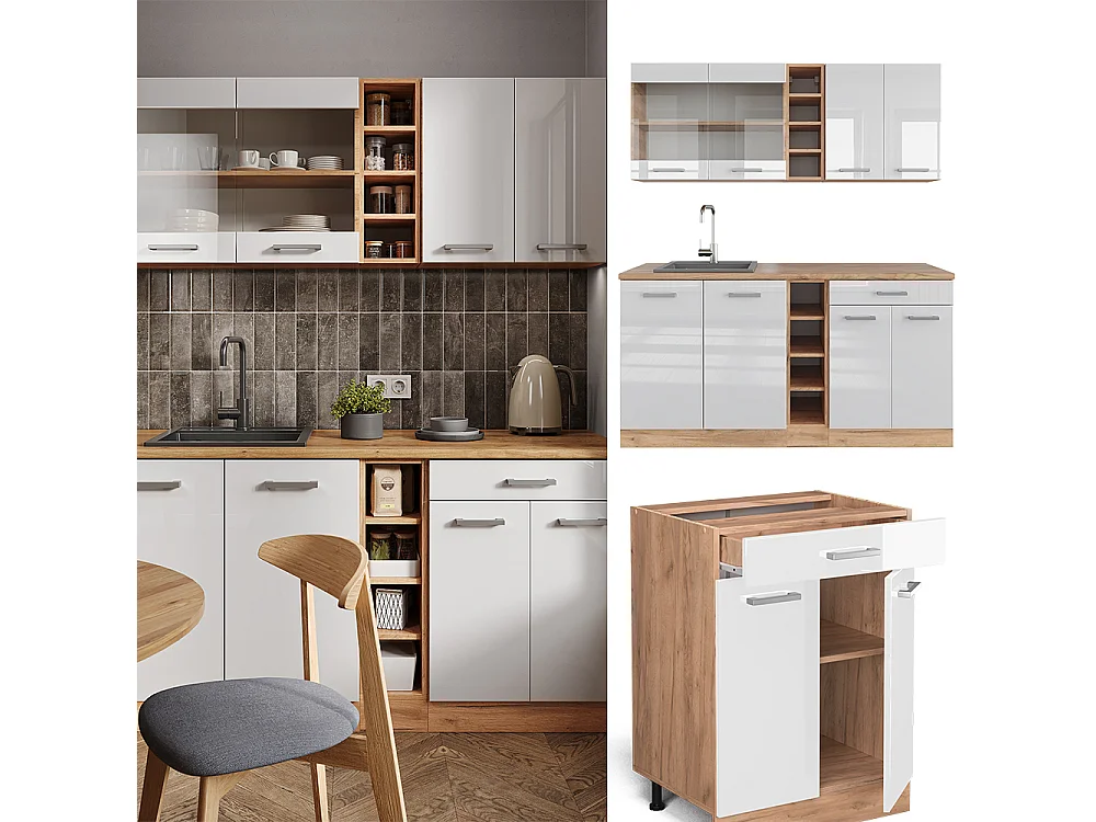 Cuisine blanc brillant/chêne doré 160x60x81.6 r-line