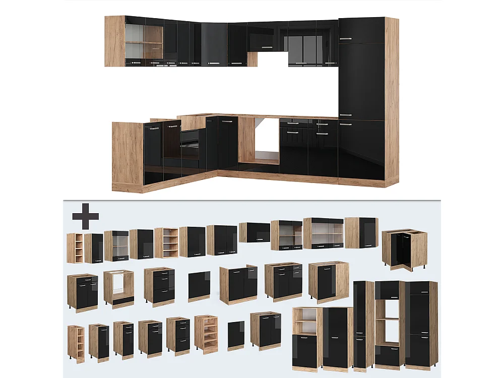 Cucina angolare completa rovere nero/oro lucido 287x60x81.6 r-line