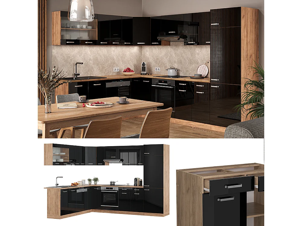 Cuisine en angle noir brillant/chêne doré 287x60x81.6 r-line