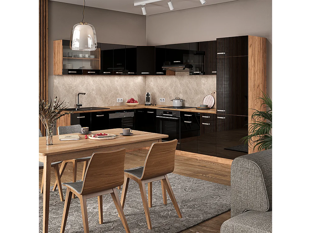 Eckküche schwarz hochglanz/goldkraft eiche 287x60x81.6 r-line