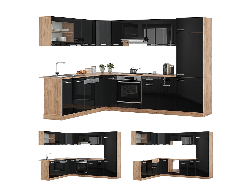 Eckküche schwarz hochglanz/goldkraft eiche 287x60x81.6 r-line