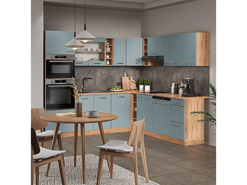 Cocina esquinera roble azul-gris-dorado 247x46x81.6 r-line