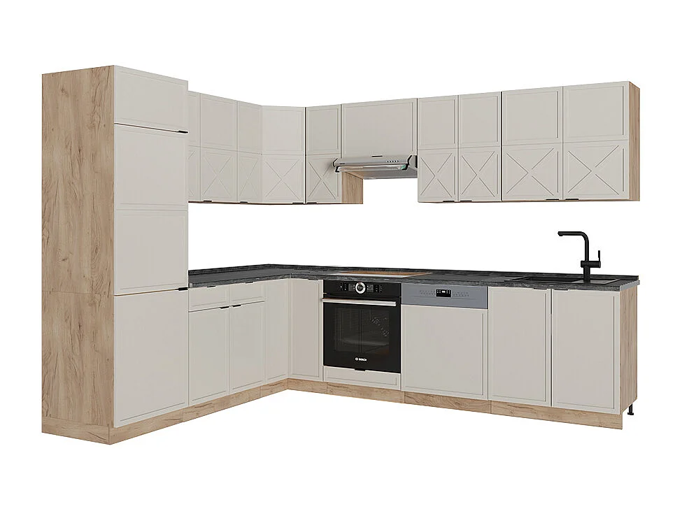 Kogoszczona kuchnia szary/beżowy/złoty dąb 227x60x81.6 fame-line