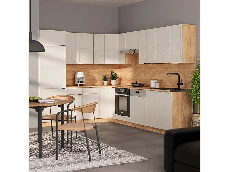 Kogoszczona kuchnia szary/beżowy/złoty dąb 227x60x81.6 fame-line