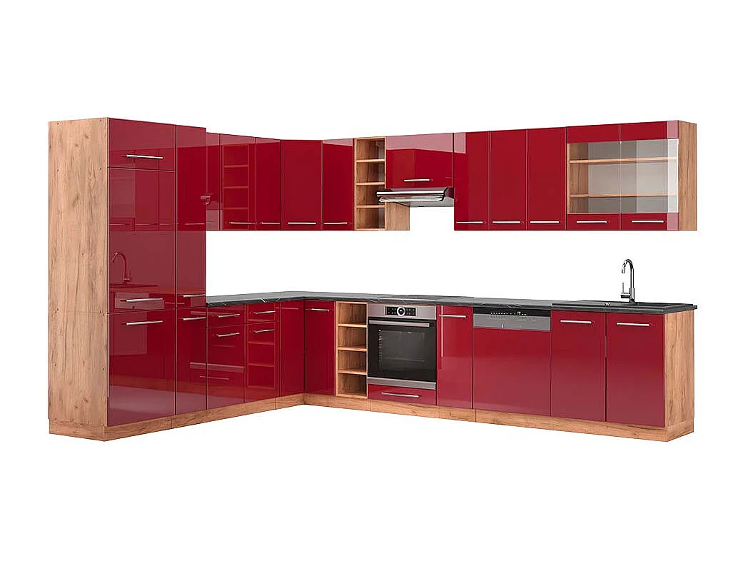 Cocina esquinera burdeos brillo intenso/roble dorado 347x60x81.6 fame-line
