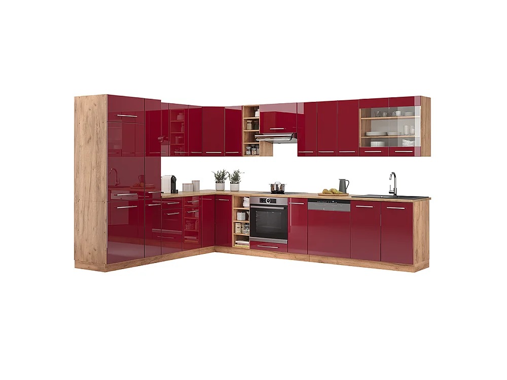 Hjørnekøkken bordeaux højglans/gylden eg 347x60x81.6 fame-line