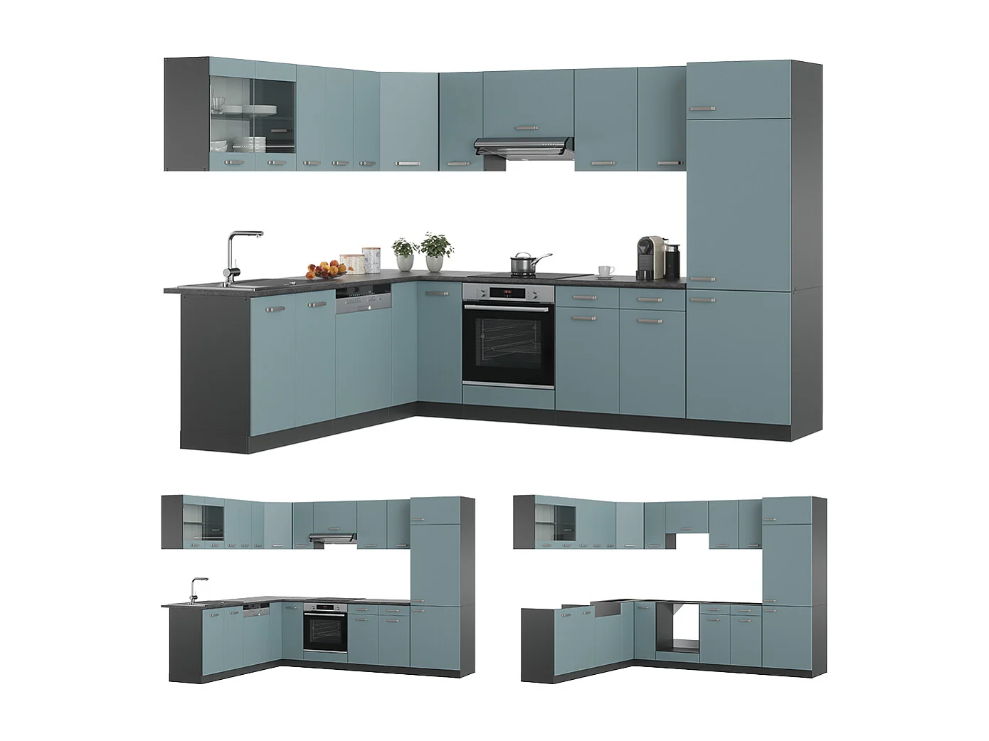 Cucina angolare completa blu-grigio/antracite 287x46x81.6 r-line