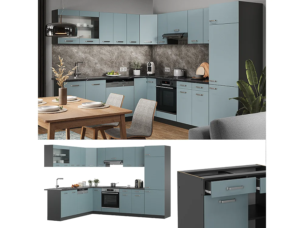 Cuisine en angle bleu-gris/anthracite 287x46x81.6 r-line