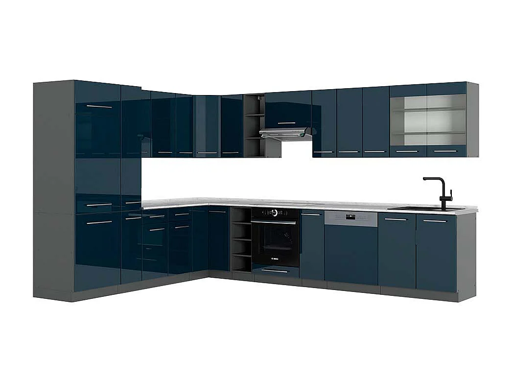 Cocina esquinera azul oscuro alto brillo/antracita 347x60x81.6 fame-line