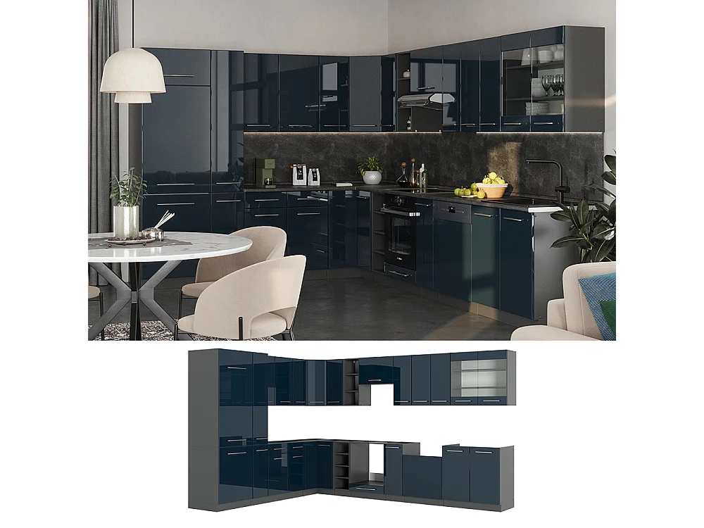 Cuisine en angle bleu foncé brillant/anthracite 347x60x81.6 fame-line