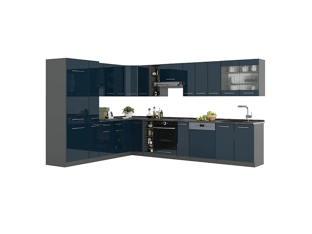 Cuisine en angle bleu foncé brillant/anthracite 347x60x81.6 fame-line