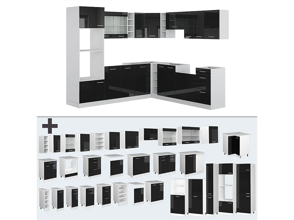 Cuisine en angle noir brillant/blanc 247x60x81.6 r-line