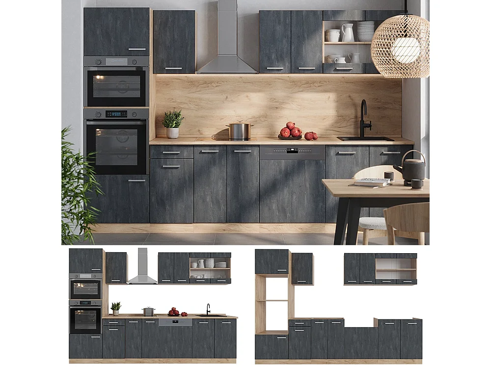 Complete keukeneenheid zwart beton/goud eiken 300x46x81.6 r-line