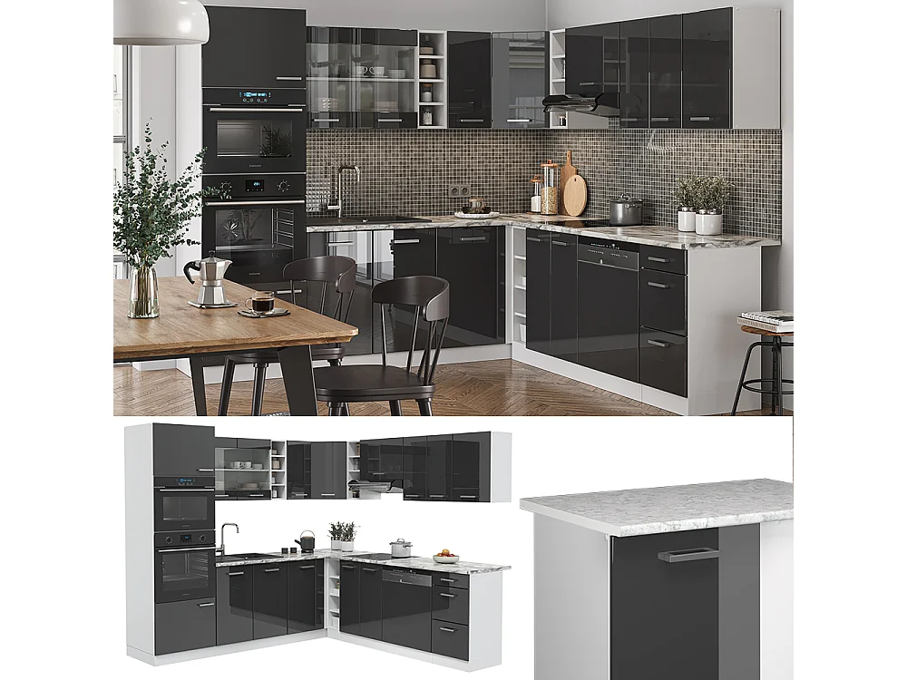 Cocina esquinera antracita brillo intenso/blanco 247x46x81.6 r-line