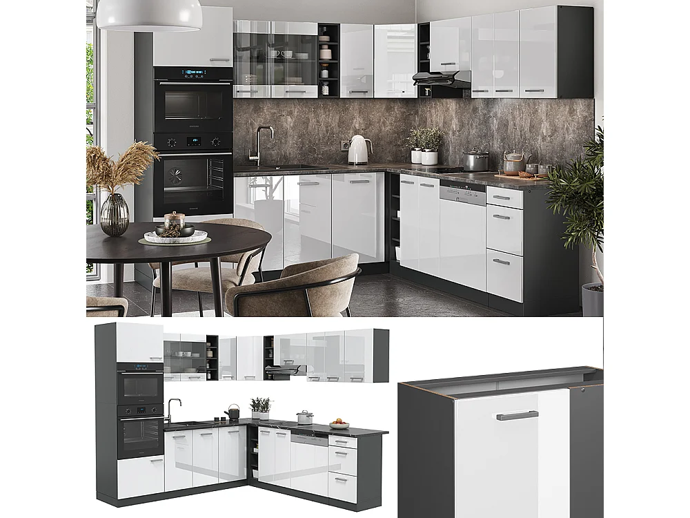 Cuisine en angle blanc haute brillance/anthracite 247x60x81.6 r-line