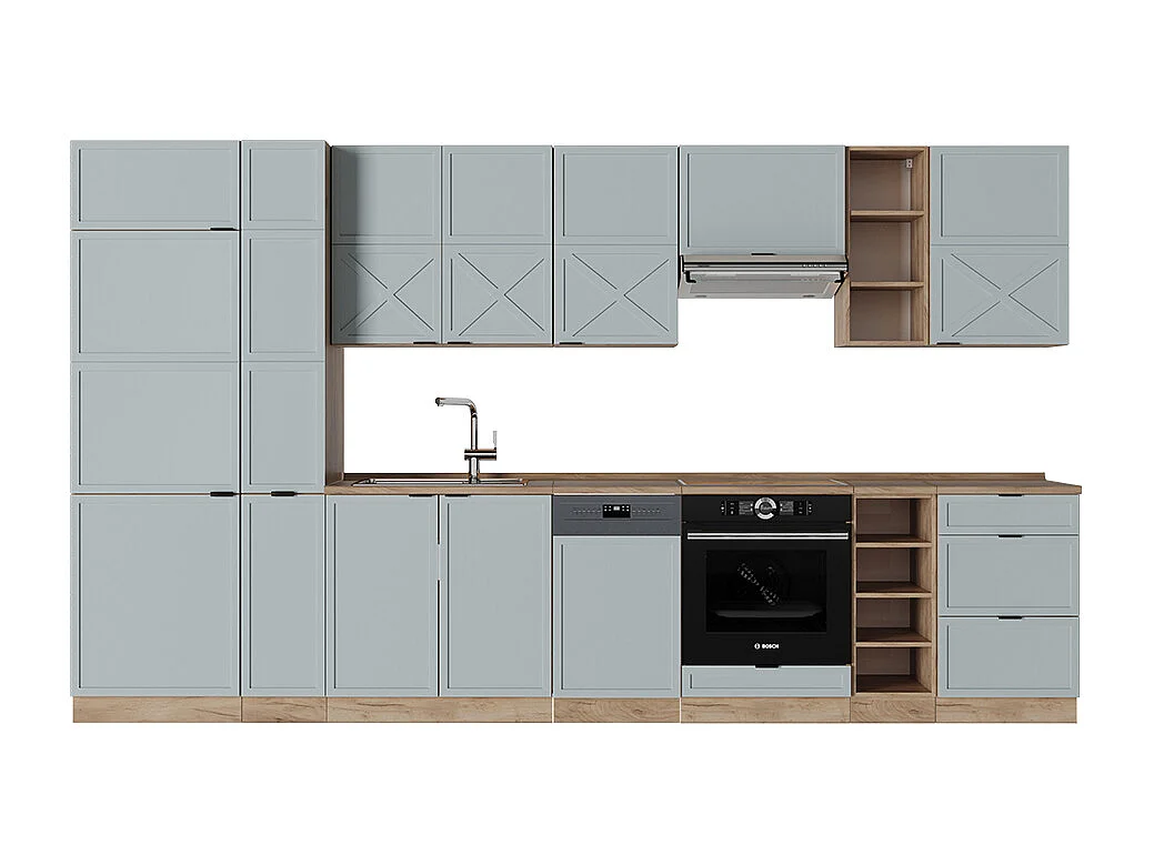 Køkkenrække lys blågrå/gylden eg 355x60x81.6 fame-line