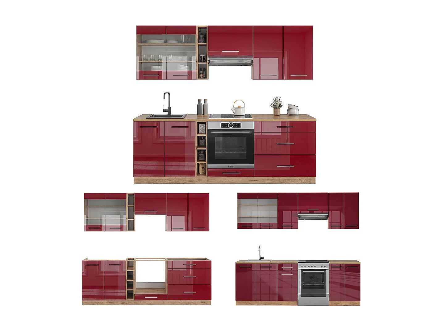 Mueble de cocina burdeos brillo intenso/roble dorado 235x60x81.6 fame-line