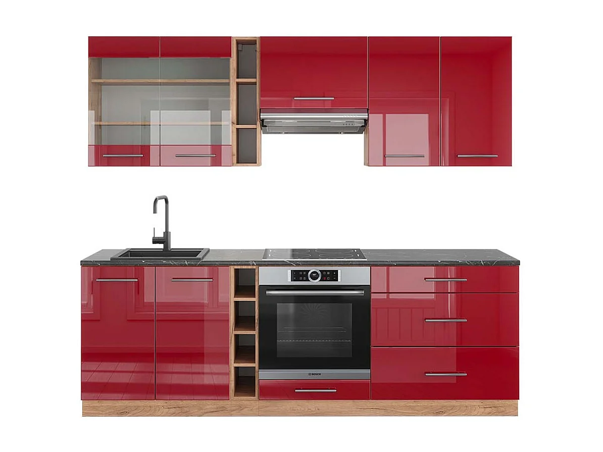 Køkkenrække bordeaux højglans/gylden eg 235x60x81.6 fame-line